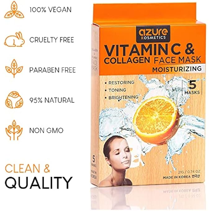 Azure Cosmetics VITAMIN C & COLLAGEN MOISTURIZING FACIAL MASK- ANTI AGING, DEEPLY MOISTURIZING & FIRMING - BRIGHTENING MASK, IMPROVES ELASTICITY - SKIN CARE MADE IN KOREA - 5 PACK - Image 4